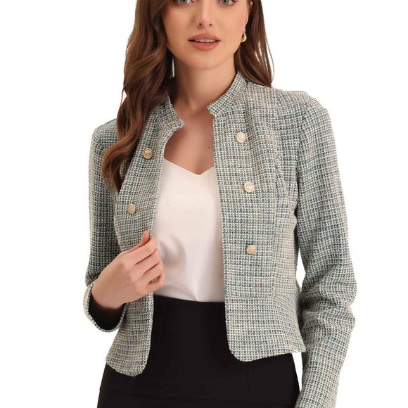 Vintage Tweed Cropped Blazer Stand Collar Business Chic Office Wear